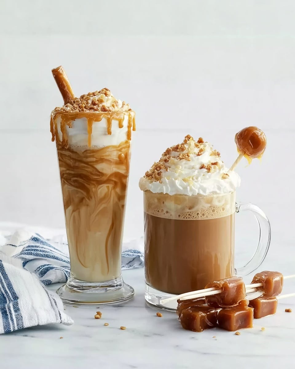 Two clear glass mugs are placed on a white marbled surface with a white cloth striped with blue in the background. The front mug has a light beige creamy drink topped with a large swirl of white whipped cream, sprinkled with brown cinnamon powder. On the side handle of this mug is a caramel-covered lollipop. Behind it, the taller glass holds a darker brown drink also topped with white whipped cream and cinnamon, with a caramel-coated lollipop perched on the rim. More caramel lollipops lie next to the mugs. Photo taken with an iphone --ar 4:5 --v 7