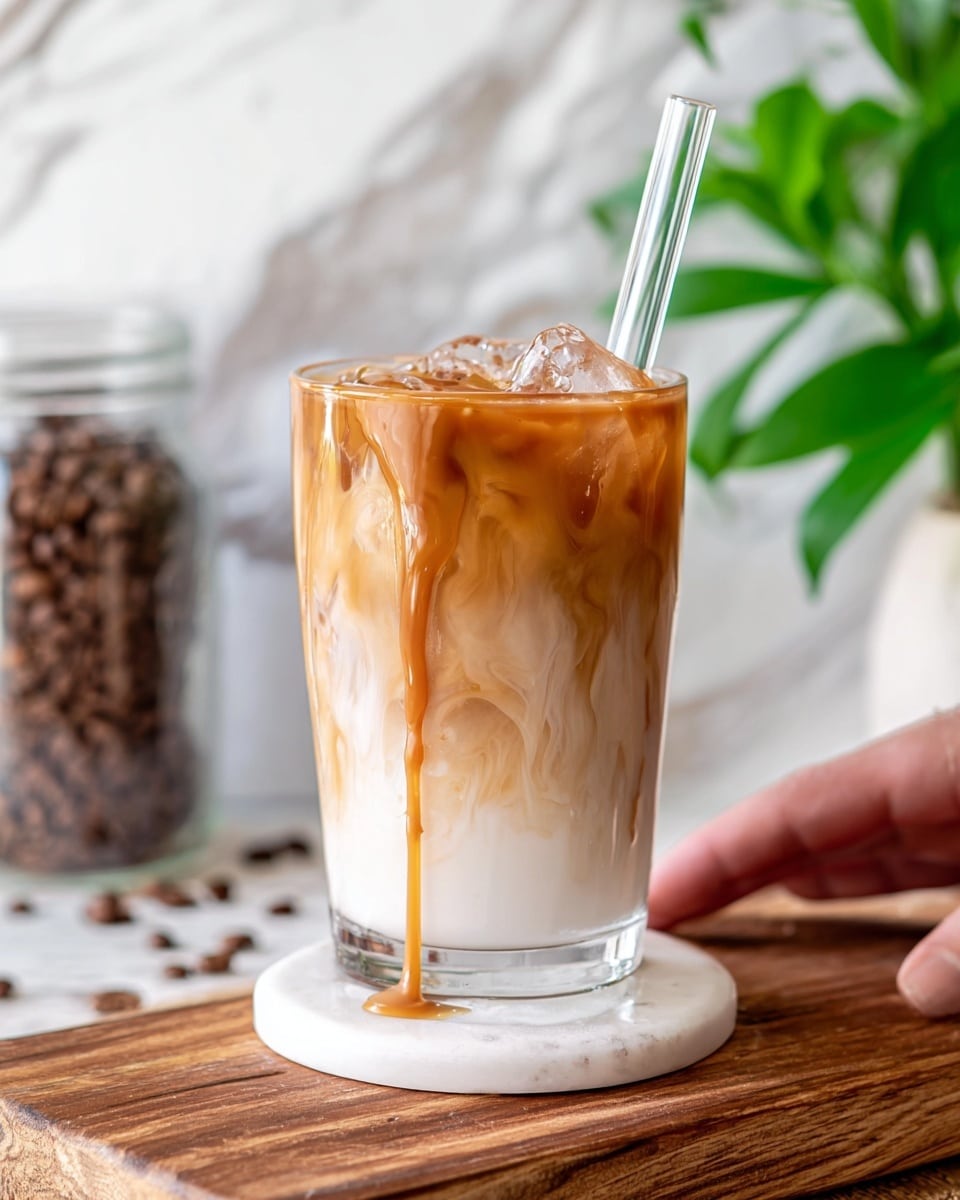 The image shows a clear glass filled with iced coffee placed on a white coaster on a wooden board. The drink has clear layers, with a thick white layer of milk at the bottom, a caramel-colored layer of coffee swirling in the middle, and ice cubes on top. Caramel drips flow down inside the glass, blending with the white milk underneath. A clear glass straw is placed in the drink, and a person's hand is gently holding the glass from the side. The background has a white marbled texture with a blurred green plant and a tall glass jar filled with coffee beans. Photo taken with an iphone --ar 4:5 --v 7