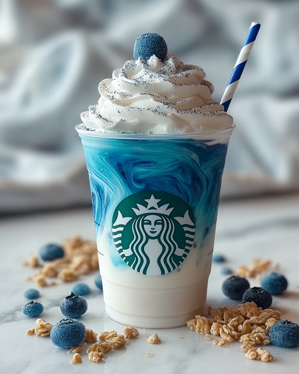 A tall clear plastic cup with the Starbucks logo shows a layered drink. The bottom layer is bright blue with small black dots and some scattered white specks, and it fills about one-third of the cup. The top two-thirds of the drink is creamy white and smooth. On top, a big swirl of vanilla whipped cream covers the whole top edge, with light brown powder sprinkled on it. A single dark blackberry sits at the peak of the whipped cream. A pink and white striped straw stands upright at the back side of the cup. The cup is set on a white marbled surface with small light beige crumb pieces around it, and the background is softly out of focus. Photo taken with an iphone --ar 4:5 --v 7