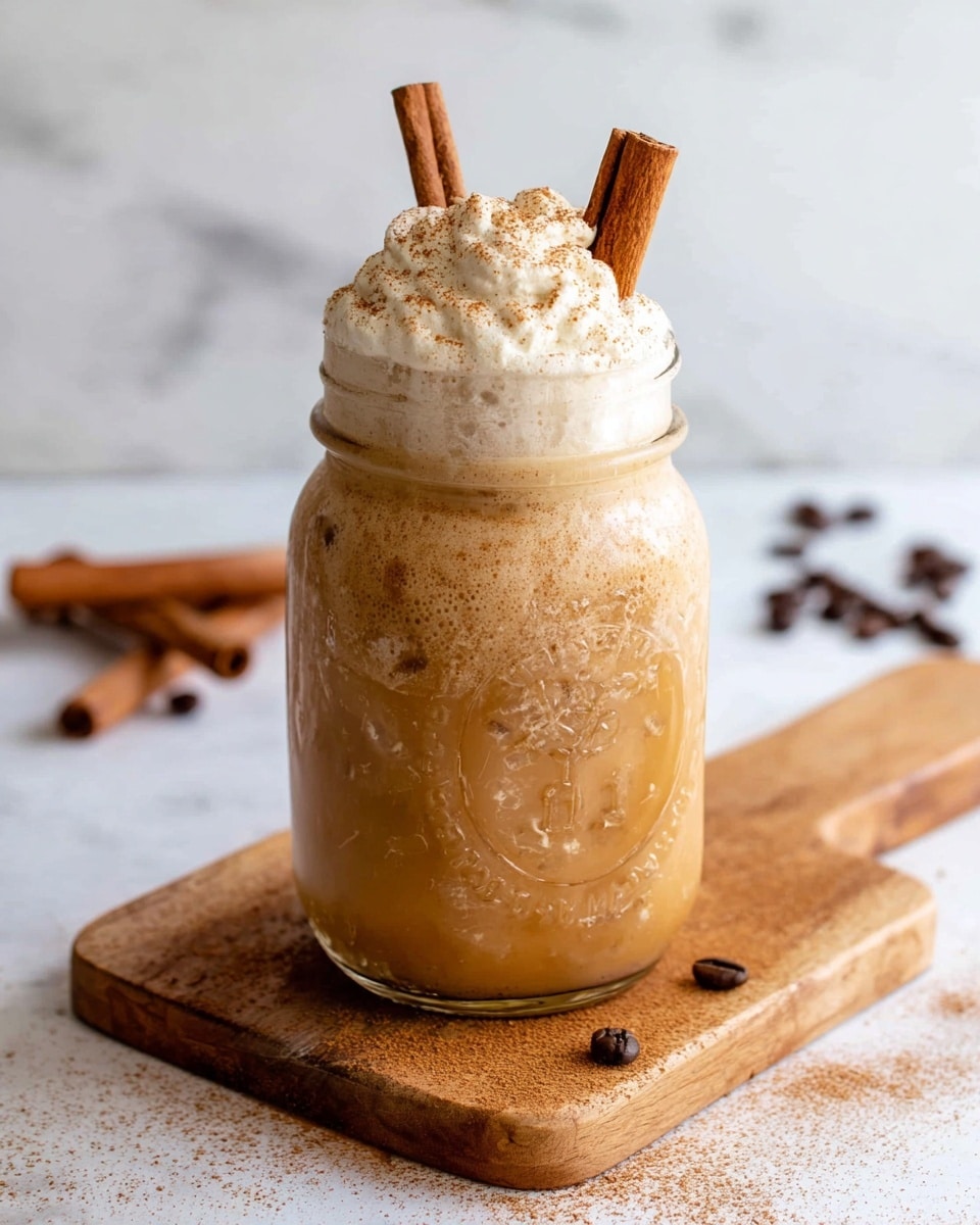 A close-up of a clear glass jar filled with a light brown creamy drink topped with a thick layer of white whipped cream sprinkled with cinnamon powder. Two cinnamon sticks stand upright embedded in the whipped cream toward the back left side. A woman's hand is holding the jar from the front with thumb wrapped around it. The background shows a soft white marbled texture with blurred cinnamon sticks in the distance. Photo taken with an iphone --ar 4:5 --v 7