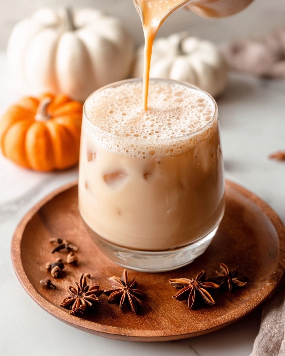 A clear glass filled with a creamy light tan drink on ice sits on a round wooden plate. The top layer shows frothy liquid being poured in, creating small bubbles and a slightly darker tan foam on the surface. The glass rests on the wooden plate surrounded by star anise and cloves. In the background, there are small white and orange pumpkins placed on a white marbled surface. photo taken with an iphone --ar 4:5 --v 7