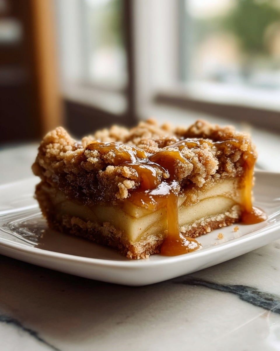 This image shows a close-up of a square piece of crumb-topped dessert on a white plate with a thin brown rim, placed on a white marbled surface. The dessert has three clear layers: the bottom layer is a light brown, firm crust; the middle layer features soft, pale yellow apple pieces mixed with a shiny caramel-like sauce; the top layer is a crumbly, golden-brown streusel with a rough texture. The focus is on the dessert, showing the texture and layers clearly with a blurred background. Photo taken with an iphone --ar 4:5 --v 7