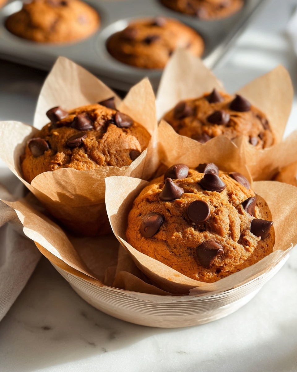 A close-up image of six golden brown muffins in a silver metal muffin tray on a white marbled surface. Each muffin is wrapped in light beige parchment paper that rises above the edges. The muffins have a cracked, rough top texture dotted with large, round dark chocolate chips spread evenly across the surface. The warm sunlight highlights the muffins, showing a soft and slightly crumbly texture on top. photo taken with an iphone --ar 4:5 --v 7