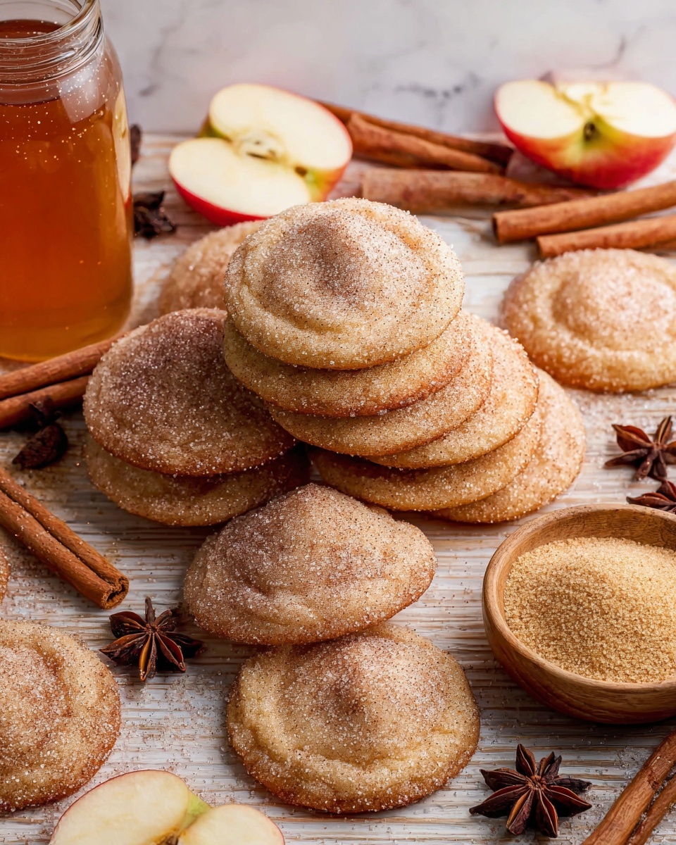 A group of round baked cookies with a slightly domed center lay stacked and overlapping on a light wooden surface. The cookies are golden brown, coated evenly with a dusting of white sugar and cinnamon. Around the cookies are several cinnamon sticks, dark brown star anise, and sliced red apples with white flesh. On the left side, there is a glass jar filled with amber-colored syrup, and on the bottom right, a wooden bowl holds a light brown granulated mixture, likely cinnamon sugar. The whole setup is set on a white marbled texture photo taken with an iphone --ar 4:5 --v 7