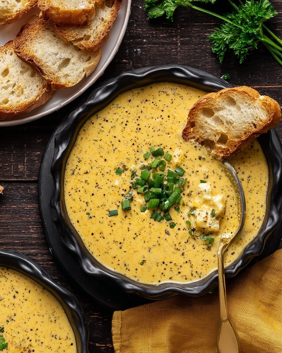Two black scalloped bowls filled with creamy yellow soup speckled with herbs, each topped with small bright green chopped scallions in the middle. To the left, a dark blue plate holds several slices of light brown bread with airy holes inside. Near the bottom left corner, pieces of torn bread rest beside white garlic bulbs. On the right side, a small wooden bowl contains chopped green onions next to a crumpled yellow cloth. Two golden spoons lie on the cloth. The whole scene is placed on a dark wood surface, with small green parsley sprigs scattered around. Photo taken with an iphone --ar 4:5 --v 7