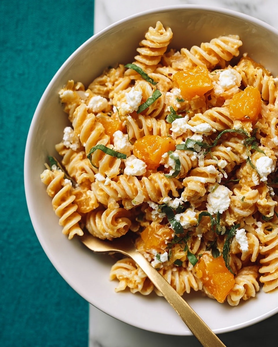 A close-up view of a white pot filled with spiral pasta mixed with chunks of orange roasted squash, small pieces of grilled food, and sprinkled with crumbled white cheese and green herb strips, all layered evenly throughout. The pot has a blue handle and is placed on a bright teal cloth over a white marbled surface. The colors show a warm mix of yellow, orange, white, and green, with the pasta forming the base layer and the cheese and herbs scattered on top. Photo taken with an iphone --ar 4:5 --v 7