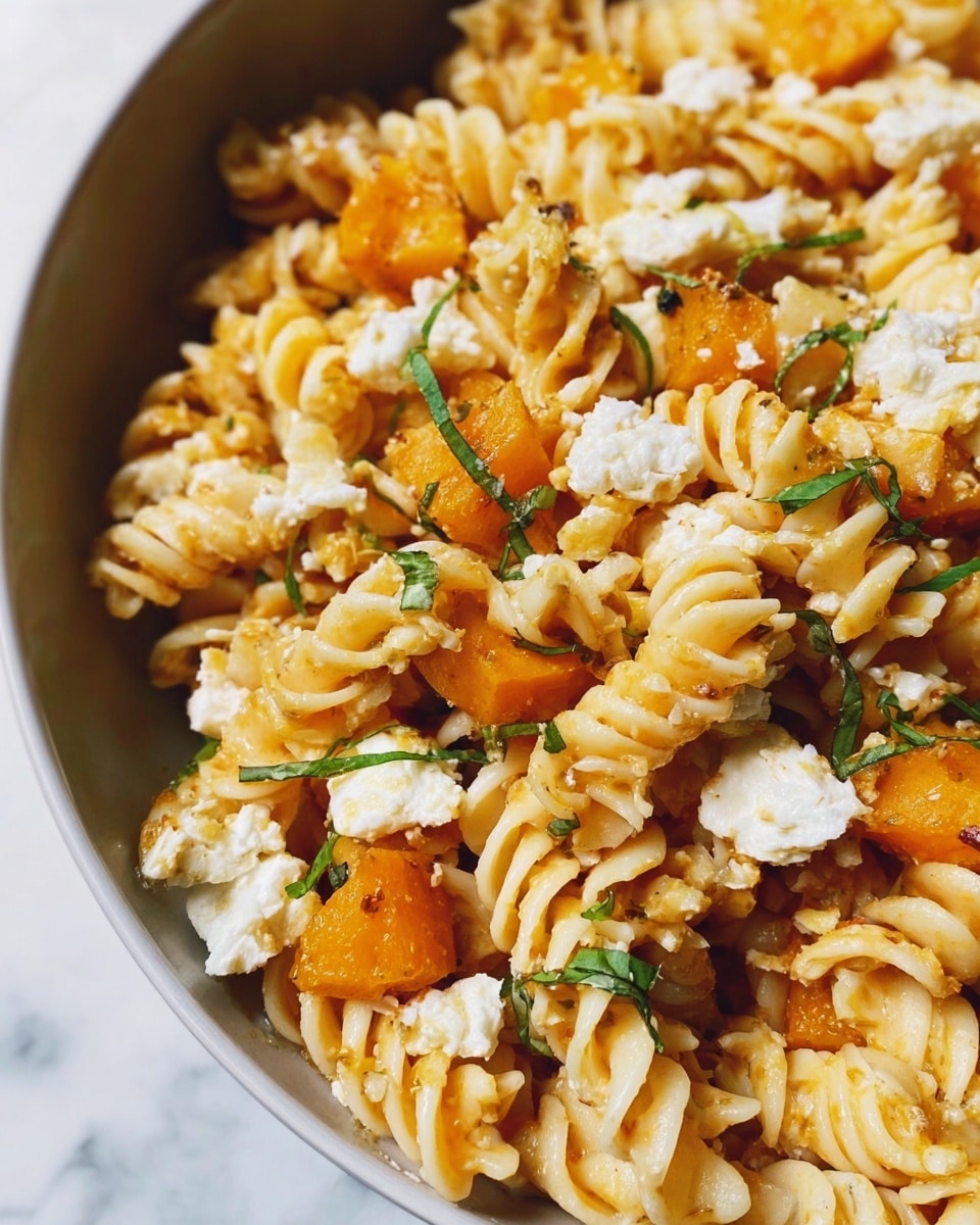 This close-up image shows a dish of rotini pasta mixed with chunks of orange squash and small pieces of white cheese scattered throughout. Thin green strips of fresh herbs are sprinkled over the top, adding a touch of color and freshness. The pasta looks cooked and coated lightly with sauce, giving it a soft, smooth texture, while the cheese appears crumbly with some browned spots. The dish is presented in a white bowl, set against a white marbled background. photo taken with an iphone --ar 4:5 --v 7