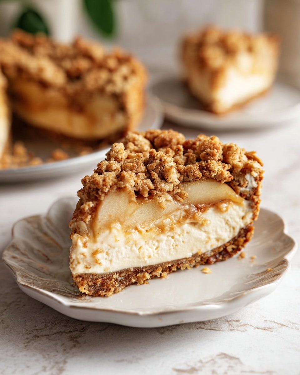 The image shows a slice of crumb-topped pie on a white plate with wavy edges, placed on a white marbled surface. The pie has three clear layers: the bottom crust is golden brown and crunchy, the middle layer is creamy and light beige with small visible pieces inside, and the top layer is a crumbly, chunky topping with a mix of golden brown and tan colors. Inside the creamy layer, there are soft, cooked apple slices with a warm, light brown color. Two more slices of the same pie are blurred in the background. Photo taken with an iphone --ar 4:5 --v 7