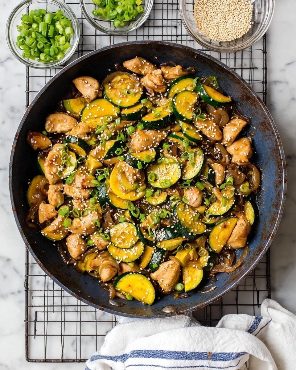 A dark blue cast iron pan full of a colorful stir-fry with around four layers: the bottom layer has soft cooked zucchini and yellow squash slices in half-moon shapes with green edges and yellow inside, the middle layer includes strips of cooked chicken pieces in light brown color, the third layer shows caramelized purple onions with a shiny texture, and the top layer is garnished with sprinklings of bright green chopped spring onions and small white sesame seeds scattered evenly. The pan sits on a white marbled surface with part of a metal grid and kitchen towel in the background. photo taken with an iphone --ar 4:5 --v 7