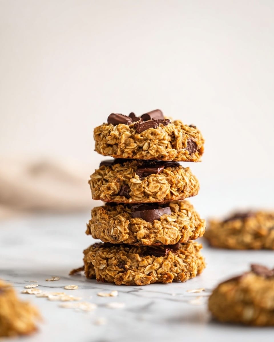 A stack of four thick oatmeal cookies with visible chunks of dark chocolate is placed on a white marbled surface. Each cookie has a rough, chunky texture with oats mixed throughout and chocolate pieces scattered on top and inside. Around the stack, there are more cookies slightly out of focus, adding depth to the image, all on the same white marbled surface. The background is plain and light, creating a clean look. photo taken with an iphone --ar 4:5 --v 7