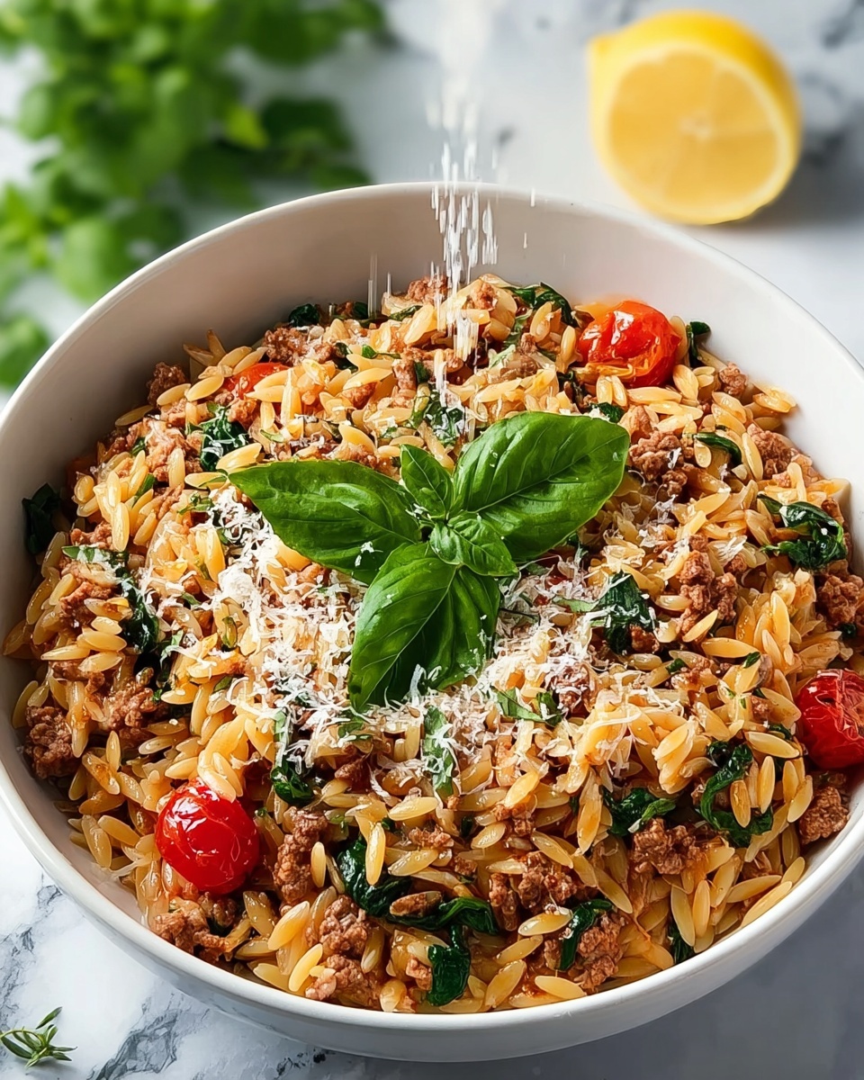 A bowl filled with three main layers starts with a base of shiny light brown orzo pasta, mixed with small pieces of cooked ground meat adding a crumbly texture spread evenly throughout. Fresh green spinach leaves and small red cherry tomatoes are scattered inside the dish, creating pops of color. The top layer is finely white grated cheese being sprinkled over the dish, with a fresh green basil leaf placed in the center for decoration. The bowl is white and sits on a white marbled surface, with a halved lemon slightly blurred in the background. Photo taken with an iphone --ar 4:5 --v 7