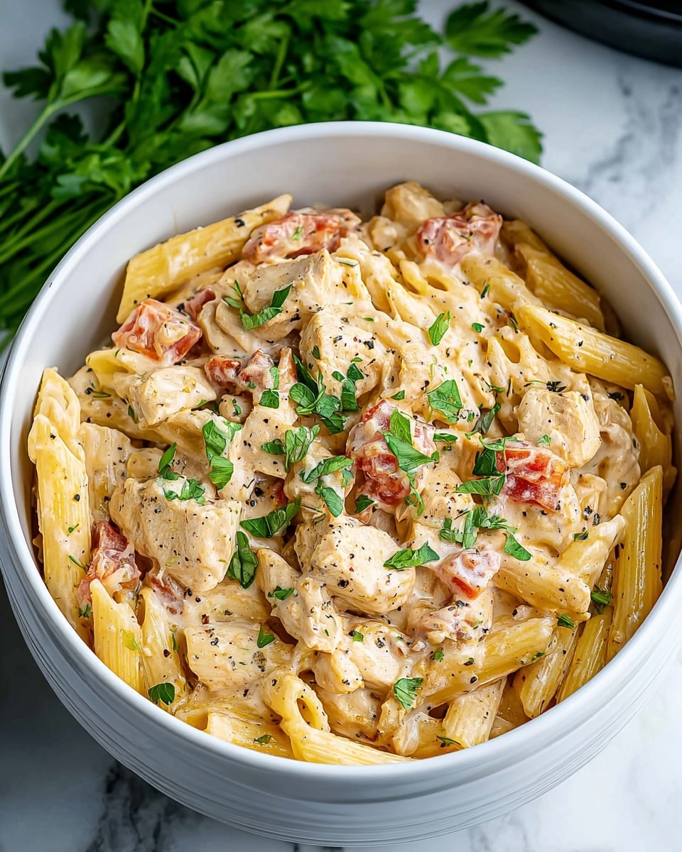 A white bowl filled with creamy pasta and sliced light brown chicken pieces mixed in a thick, beige sauce. The penne pasta is coated evenly with the sauce, some pieces show slight shine from the cream. On top, small bright red pepper strips and green parsley leaves add color contrast, along with a light dusting of reddish spice powder. The bowl sits on a gray cloth over a white marbled surface, with a sprinkle of cheese and green herbs visible nearby. photo taken with an iphone --ar 4:5 --v 7