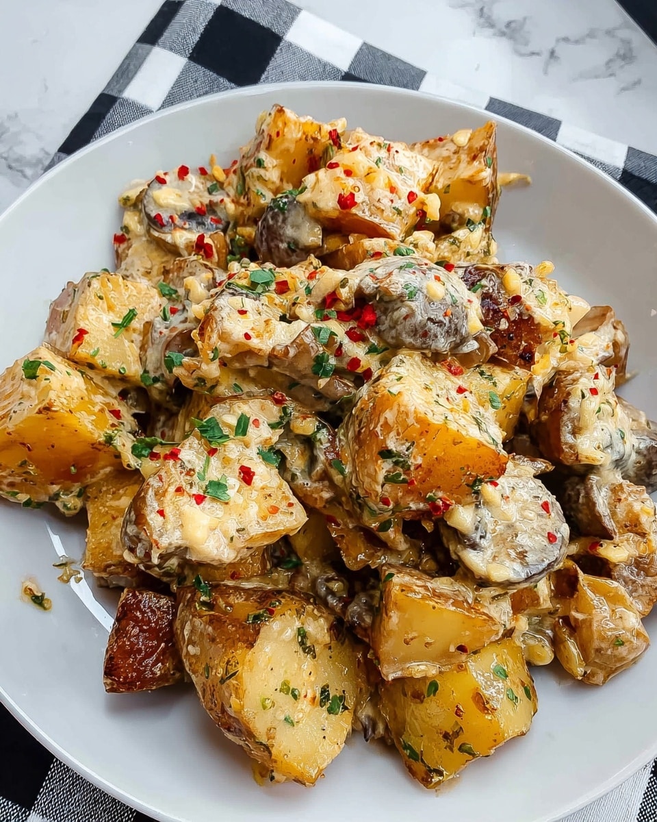 This dish is a close-up view of a single layer of small, golden-brown potato cubes mixed with small pieces of cooked chicken, all covered with melted white cheese that is slightly stringy in texture. The ingredients are spread evenly in a dark cooking pan, and some green herbs are sprinkled lightly on top, adding small green spots across the dish. The edges of the pan show slight browning from cooking, emphasizing the warmth and hearty feel of the food. photo taken with an iphone --ar 4:5 --v 7