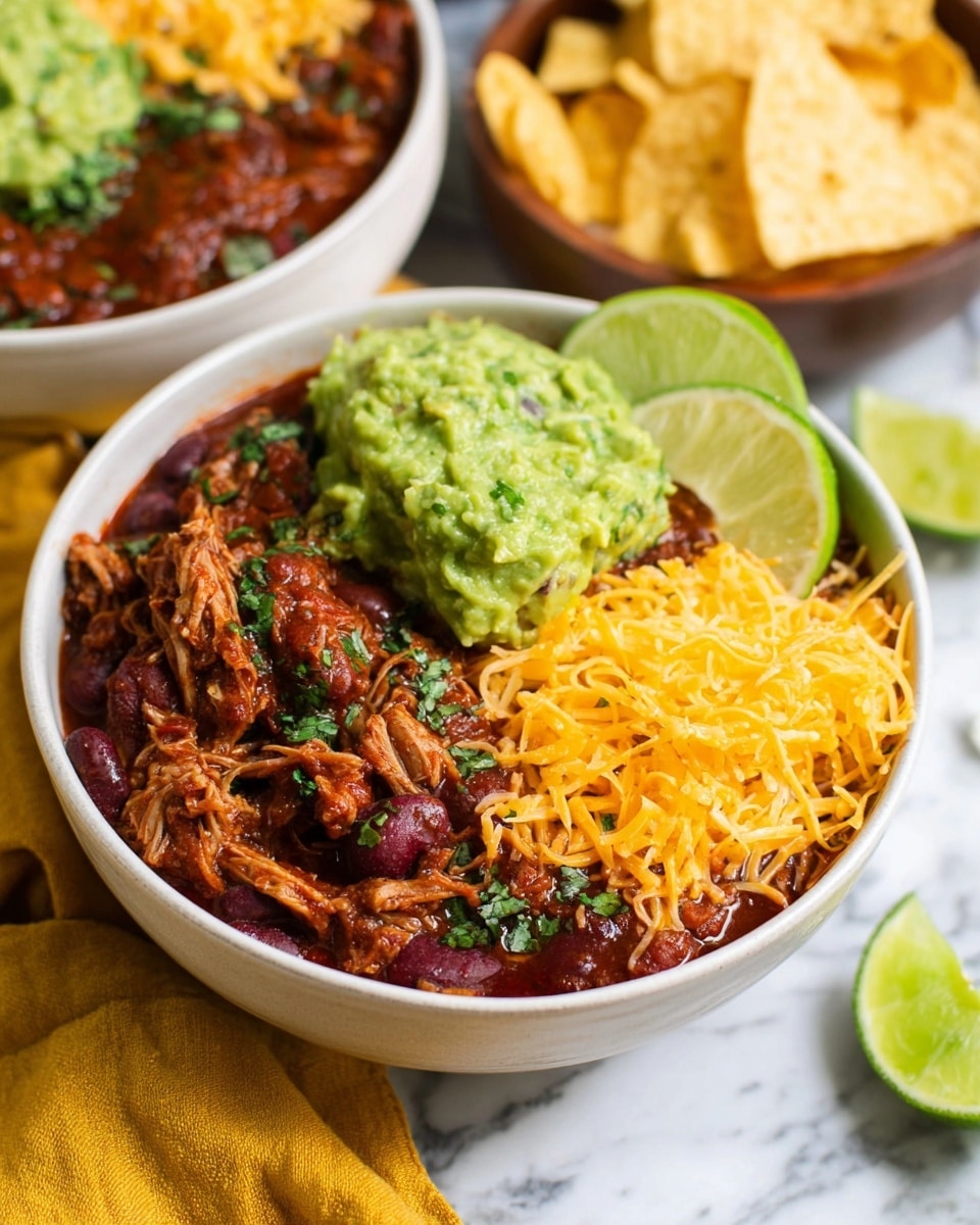 A white bowl filled with three visible layers: a thick dark red chili with kidney beans and bits of green herbs spread all over the bottom and middle, on top a bright green chunky guacamole scoop on the left, and a small pile of shredded yellow cheese on the right. A wedge of lime with bright green skin and light green inside leans on the top edge of the chili layer. The bowl sits on a slightly blurred white marbled surface with a yellow cloth near the bottom edge. Another similar white bowl with chili and cheese is softly focused in the background. Photo taken with an iphone --ar 4:5 --v 7