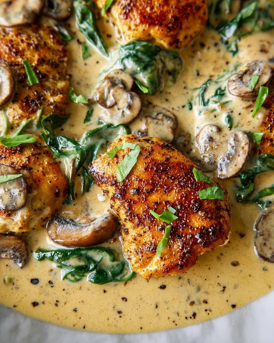 A white plate holds several pieces of golden brown cooked chicken, each piece showing a textured, slightly crispy surface with visible seasoning. The chicken is covered with a thick, creamy light beige sauce with visible slices of brown mushrooms and fresh green spinach leaves mixed throughout. A fork is lifting one piece of chicken, showing its tender, moist interior coated with the same creamy sauce. Small green herb leaves are used as garnish on top. The dish is set against a white marbled surface. photo taken with an iphone --ar 4:5 --v 7