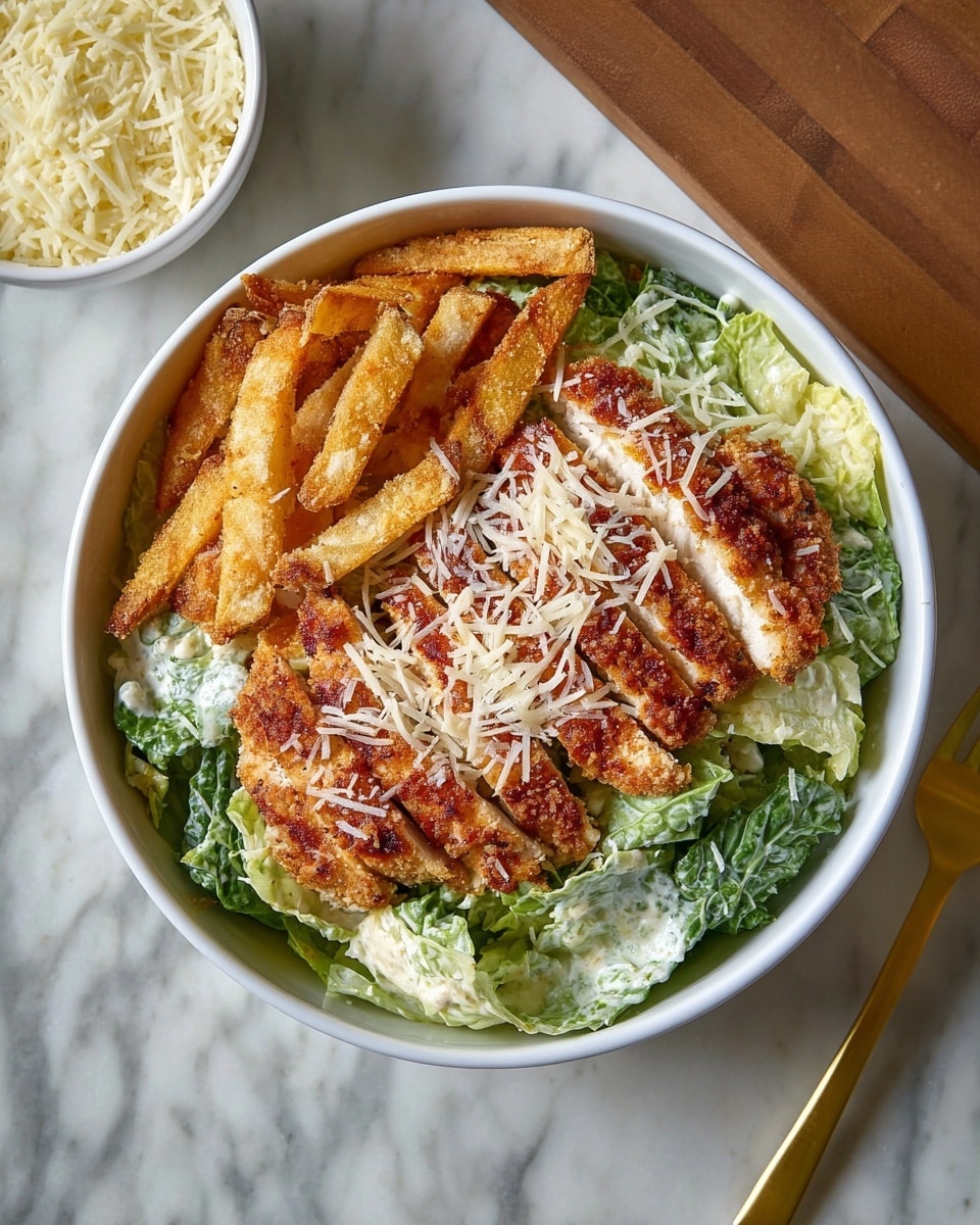 A white bowl filled with three main layers: at the bottom, there is fresh green lettuce covered lightly in a creamy white dressing; on top of the lettuce in the center, there is a golden brown crispy breaded chicken sliced into rectangular pieces with visible crumbs and some white grated cheese sprinkled over it; and on the right and bottom sides of the chicken, there are thick, golden French fries with a slightly rough texture. A gold-colored fork is resting in the bowl, poking at a piece of lettuce and chicken. The bowl sits on a wooden checkerboard surface. Photo taken with an iphone --ar 4:5 --v 7