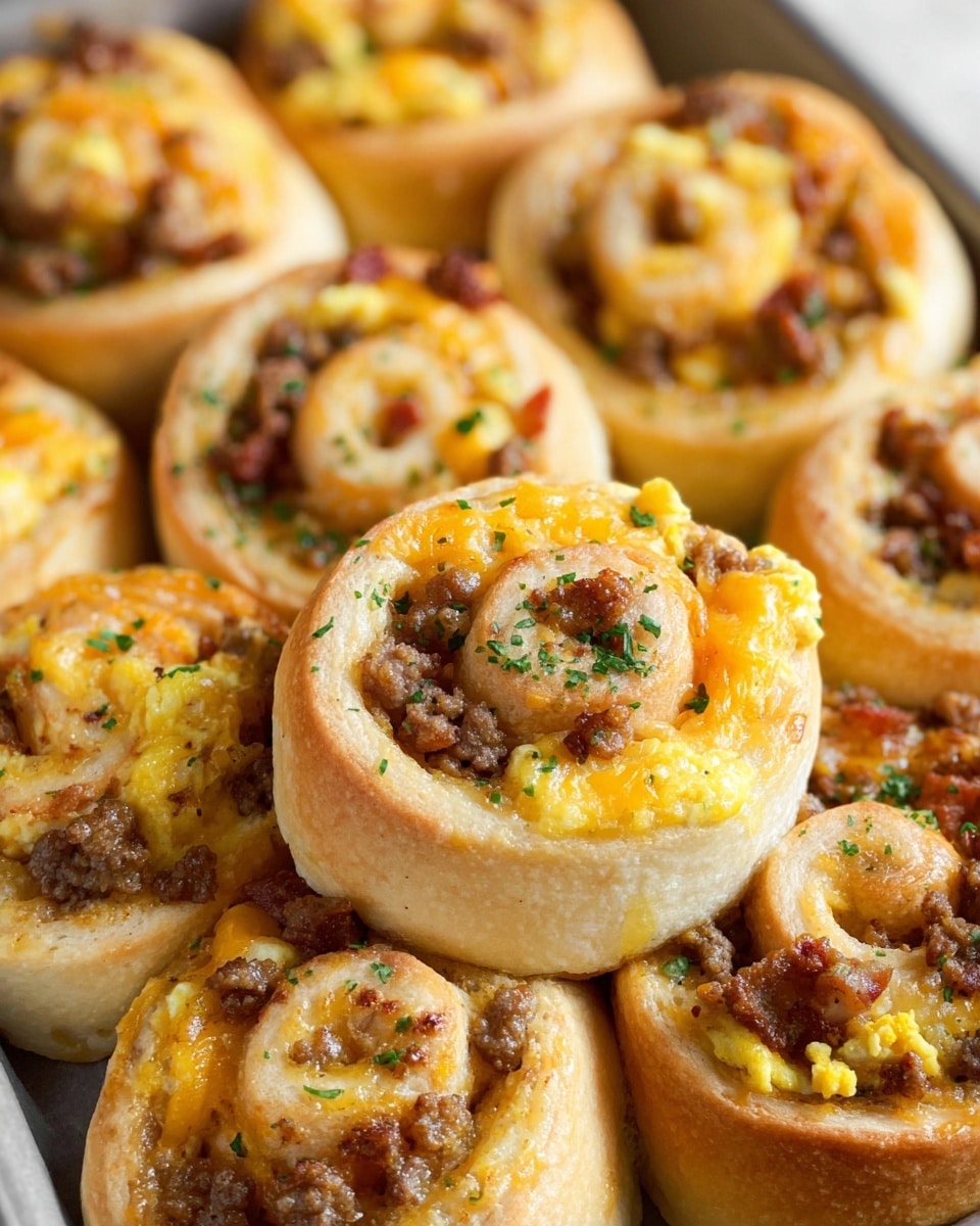 The image shows several baked swirl rolls arranged close together in a tray on a white marbled surface. Each roll has three visible layers: the outer layer is light golden-brown dough, the middle layer contains melted yellow-orange cheese and small pieces of cooked brown ground meat, and the inner layer has soft, scrambled yellow eggs mixed with bits of cooked meat. The rolls are sprinkled with small bits of chopped green herbs on top, adding a fresh touch. The texture appears soft and fluffy with a slight crisp on the dough edges. Photo taken with an iphone --ar 4:5 --v 7