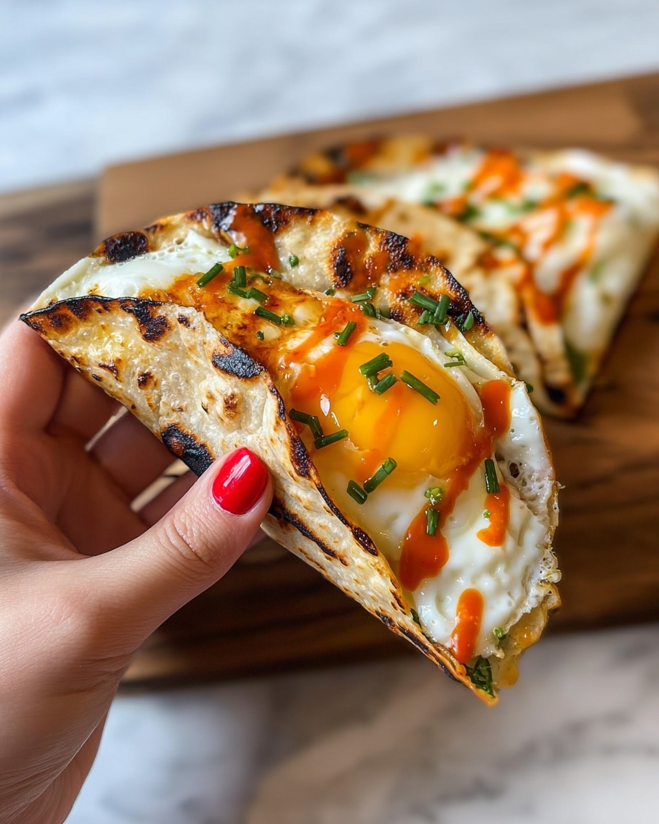 The image shows two layered mini pancakes on a wooden surface with a white marbled texture. The front pancake has a bottom layer made of cottage cheese and egg white, which looks slightly golden and browned on the edges. On top of this is a bright green layer of rocket or arugula mixed with some pesto. Above this is a sunny-side-up fried egg with a vibrant yellow yolk and white edges, drizzled with red sriracha sauce in neat lines. Small chopped green chives are sprinkled on the egg's surface. The pancake in the background is similar but includes slices of avocado under the fried egg. Photo taken with an iphone --ar 4:5 --v 7