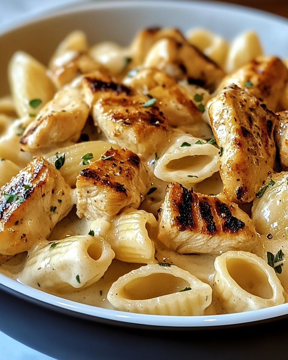 A close-up view of a bowl filled with creamy pasta and grilled pieces of chicken. The pasta is shell-shaped and coated in a rich, smooth, off-white sauce with small green herb pieces sprinkled on top. The grilled chicken pieces are golden brown with blackened spots, nestled evenly throughout the pasta. The dish sits inside a white bowl, all presented on a white marbled surface. photo taken with an iphone --ar 4:5 --v 6.1