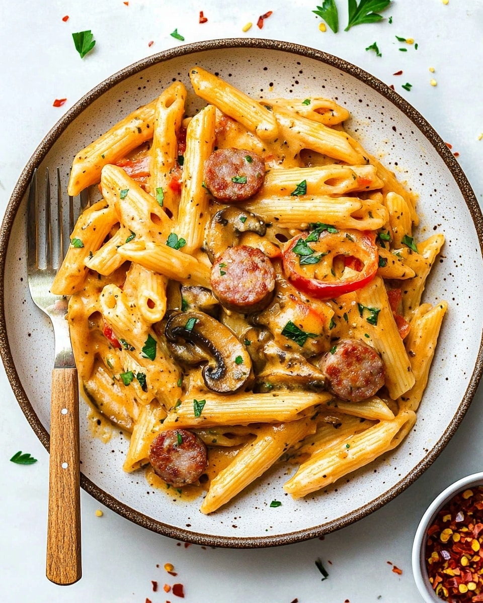 This image shows a black pan filled with creamy pasta. The pasta is penne, light yellow in color, layered evenly throughout the pan. Mixed in are round slices of browned sausage with a slightly crispy texture and orange-yellow bell pepper strips scattered around. Fresh green parsley leaves are sprinkled over the top, adding a touch of bright green color. The creamy sauce coats the pasta and sausage, with a light pepper seasoning visible. The pan sits on a white marbled surface. photo taken with an iphone --ar 4:5 --v 6.1