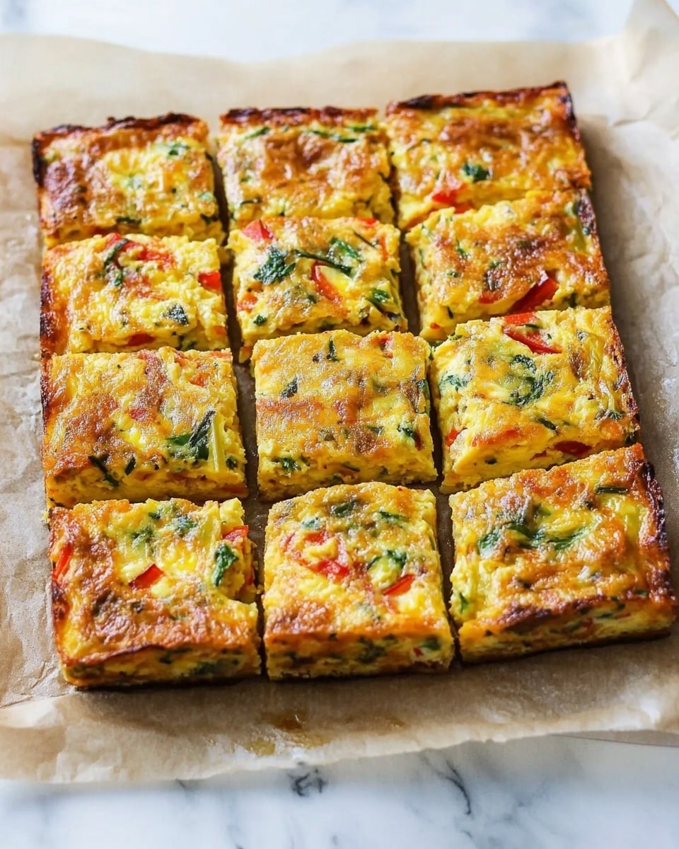 A golden-brown baked dish fills a white rectangular baking pan lined with light brown parchment paper. The surface of the dish is textured with small browned spots, visible shredded pieces, and green flecks that look like herbs or vegetables mixed in. The edges are slightly crisp and uneven, showing a mix of light yellow and deeper toasted colors. The background is a white marbled surface. photo taken with an iphone --ar 4:5 --v 6.1
