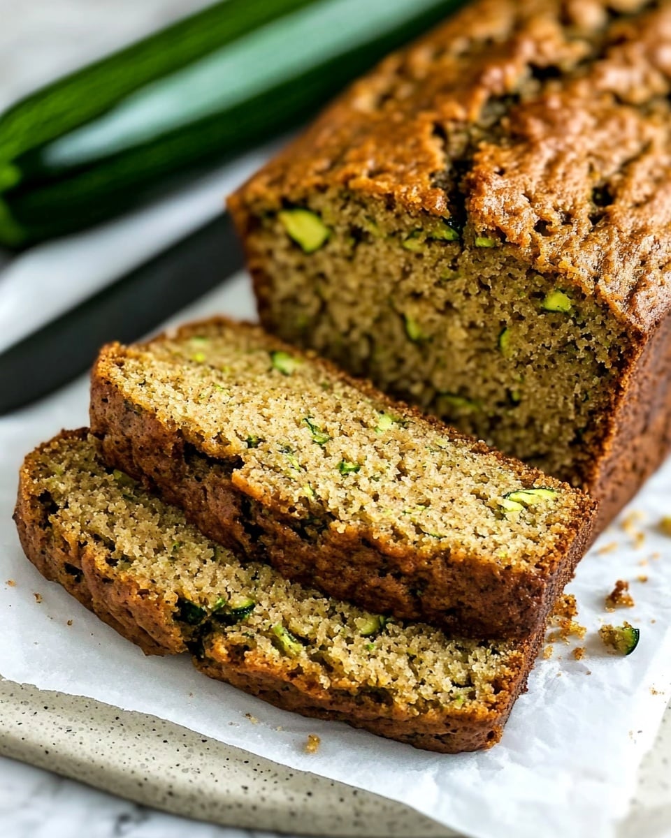 A single rectangular loaf with a rough, golden brown top crust sits inside a clear glass baking dish. The top has a large crack down the center, showing a lighter, more textured interior dotted with small green bits. The crust looks firm and slightly porous, with an uneven surface. The baking dish is placed on a white marbled surface, with a silver knife with a wooden handle resting nearby. Photo taken with an iphone --ar 4:5 --v 6.1