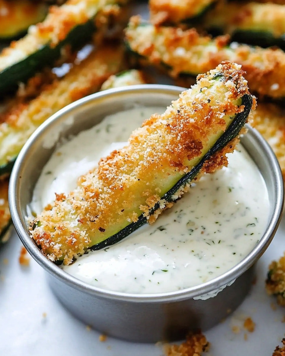A white rectangular tray lined with parchment paper holds many zucchini sticks coated in golden, crispy breadcrumbs and baked until crunchy, showing green zucchini skin along the edges and light yellow inside; in the top left corner of the tray, a small white metal cup holds a creamy white dipping sauce, and the tray sits on a white marbled surface. photo taken with an iphone --ar 4:5 --v 6.1