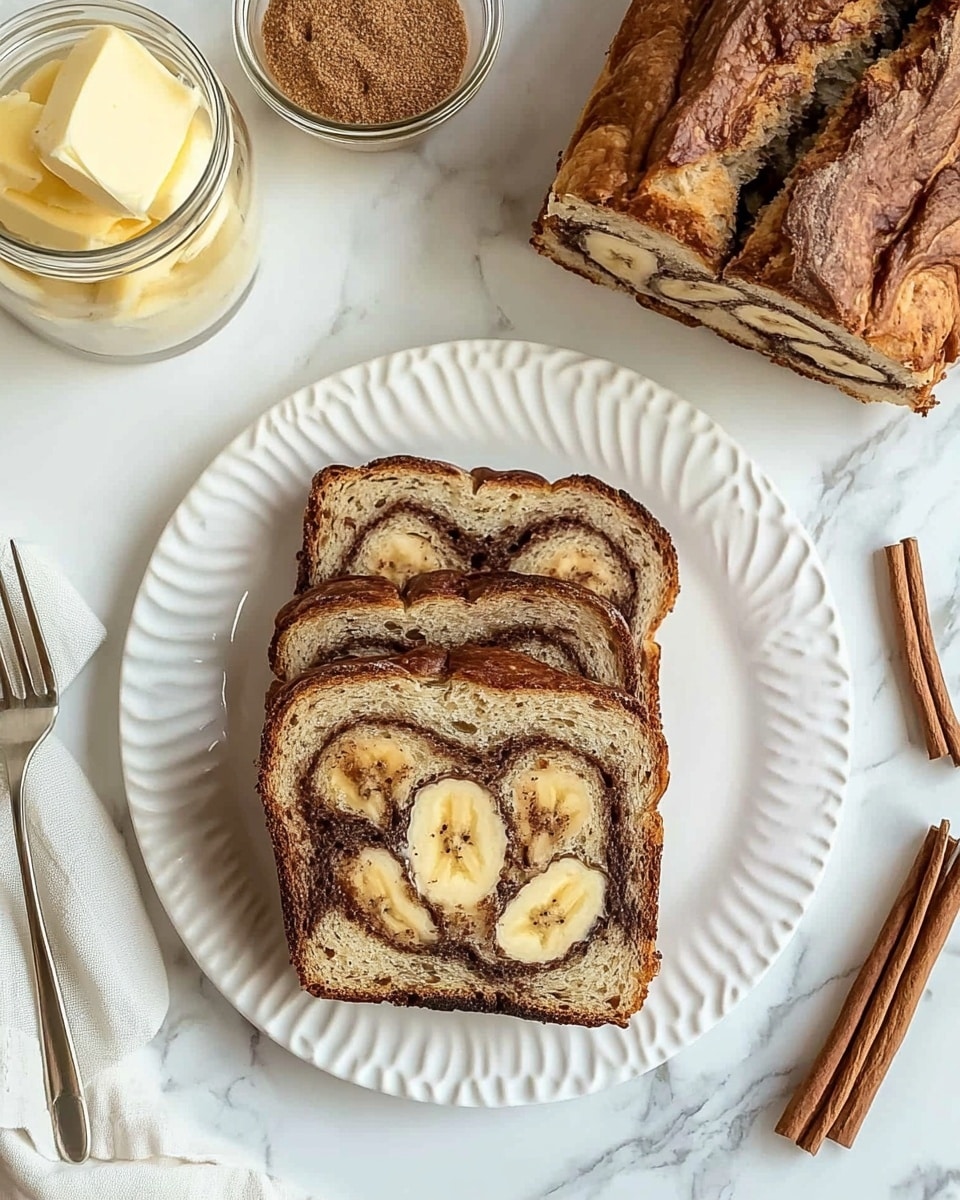Two slices of marble-patterned bread with swirls of light beige and dark brown are placed on a white plate with a raised leaf design. To the top right, a larger loaf shows several thick layers with similar swirled coloring and small banana slices on top. Below and to the left of the plate are two silver forks lying parallel. A small clear bowl with chunks of pale yellow butter is placed at the top left, near a glass jar with a metallic lid containing brown sugar. Three cinnamon sticks are arranged in a scattered formation to the right of the plate, all set on a white marbled surface. photo taken with an iphone --ar 4:5 --v 6.1
