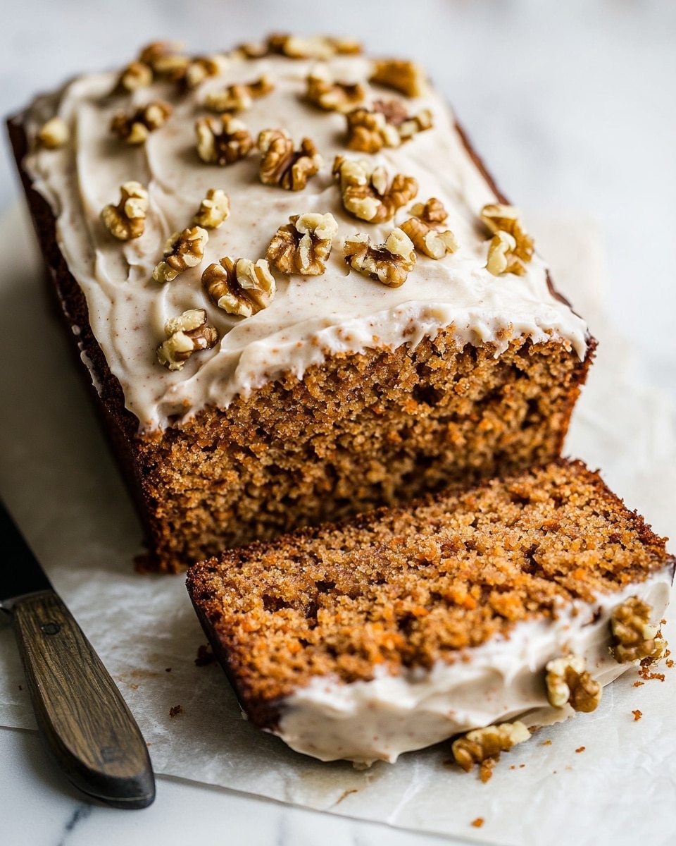 A single thick rectangular slice of carrot cake sits in the center of a simple white plate with a slightly speckled texture and a rustic brown rim. The cake has a dense, moist look with visible bits of shredded carrot and walnuts throughout, showing a mix of light brown and orange tones. A thin layer of white frosting is spread on the top edge of the cake slice, slightly melting into the texture below. Behind the cake on the plate rests a silver fork, with its tines facing left. The plate sits on a white marbled surface with faint brownish patches. photo taken with an iphone --ar 4:5 --v 6.1