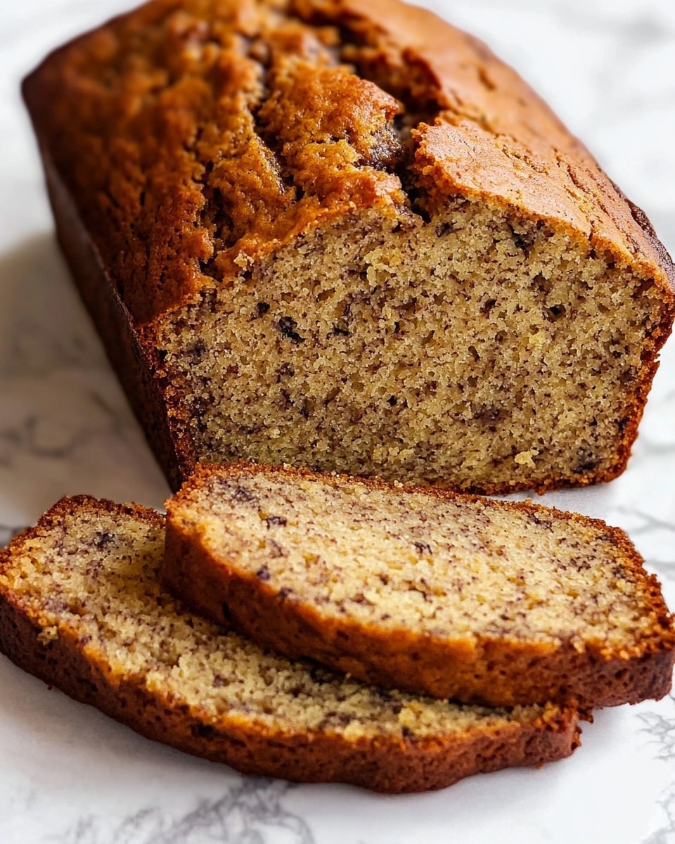A loaf of banana bread with a golden-brown crust sits on a white marbled surface. The bread is cut into several thick slices, showing its soft, moist interior speckled with small dark bits that are likely mashed bananas. The top of the loaf has a cracked texture, revealing a slightly rough and uneven surface. Light crumbs are scattered around the slices on the white marble. The focus is on the loaf and the front slice, with a blurred background that includes a grayish cloth. Photo taken with an iphone --ar 4:5 --v 6.1