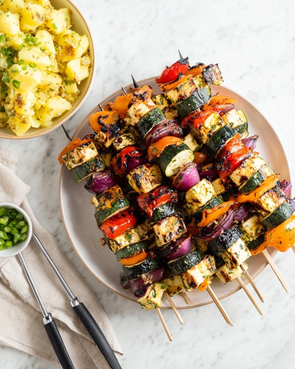 The image shows two white plates and one white bowl on a white marbled surface. On the bottom plate, there are two wooden skewers with grilled vegetables and cheese, including green zucchini slices, red and yellow bell pepper pieces, and purple onion chunks, all showing light grill marks. Next to the skewers on the same plate is a serving of pale yellow potato salad with green herbs mixed in. The white bowl in the upper left corner is filled with more of the potato salad, showing chunks of potatoes, small pieces of hard-boiled egg, and sprinkled green herbs on top. The top right white plate holds additional vegetable and cheese skewers arranged close together. A white and blue striped cloth is partially visible under the bowl and plate in the upper half of the image. photo taken with an iphone --ar 4:5 --v 7