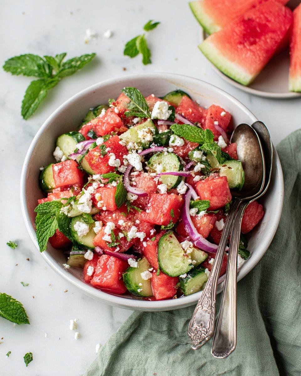 Watermelon Salad with Cucumber, Feta, and Mint Recipe