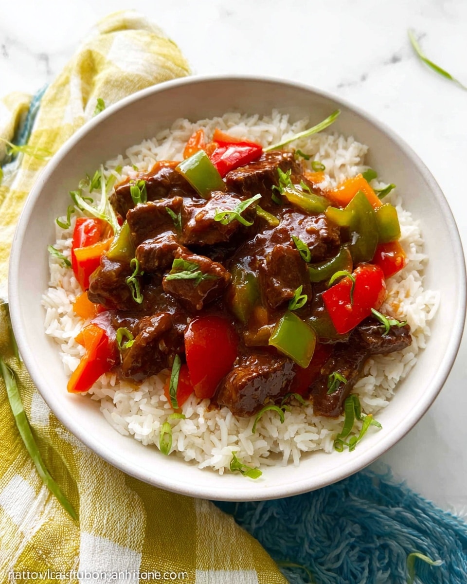 A white bowl filled with a base layer of fluffy white rice, topped with colorful pieces of green, red, and orange bell peppers mixed with dark brown chunks of glossy beef in a rich sauce, garnished with small green herbs scattered on top. The bowl sits on a white marbled textured surface with a light yellow and green checkered cloth folded beside it. Photo taken with an iphone --ar 4:5 --v 7