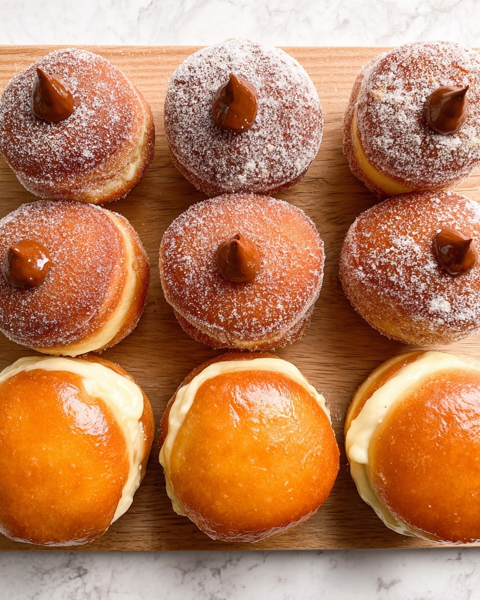 The image shows two rows of round filled doughnuts on a wooden board with a white marbled background. The top row has four doughnuts coated in sugar, each with a small dollop of shiny brown chocolate filling visible on their sides. The bottom row displays four doughnuts with a smooth, glossy golden-brown crust, each filled with a small amount of creamy white custard peeking out on one side. Both sets of doughnuts are evenly spaced and look soft and fresh. photo taken with an iphone --ar 4:5 --v 7