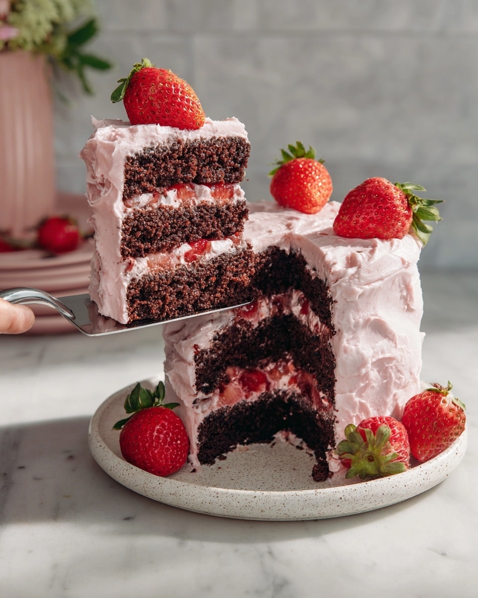 A small round cake with three layers is covered in thick, light pink frosting that looks soft and creamy. Whole bright red strawberries with green tops are placed evenly around the sides and on top of the cake, some pressed slightly into the frosting. The cake sits on a white speckled plate, and several whole and halved strawberries lay around the plate on a white marbled surface. Soft sunlight falls on the cake, creating gentle shadows and highlighting the cake’s texture. Photo taken with an iphone --ar 4:5 --v 7