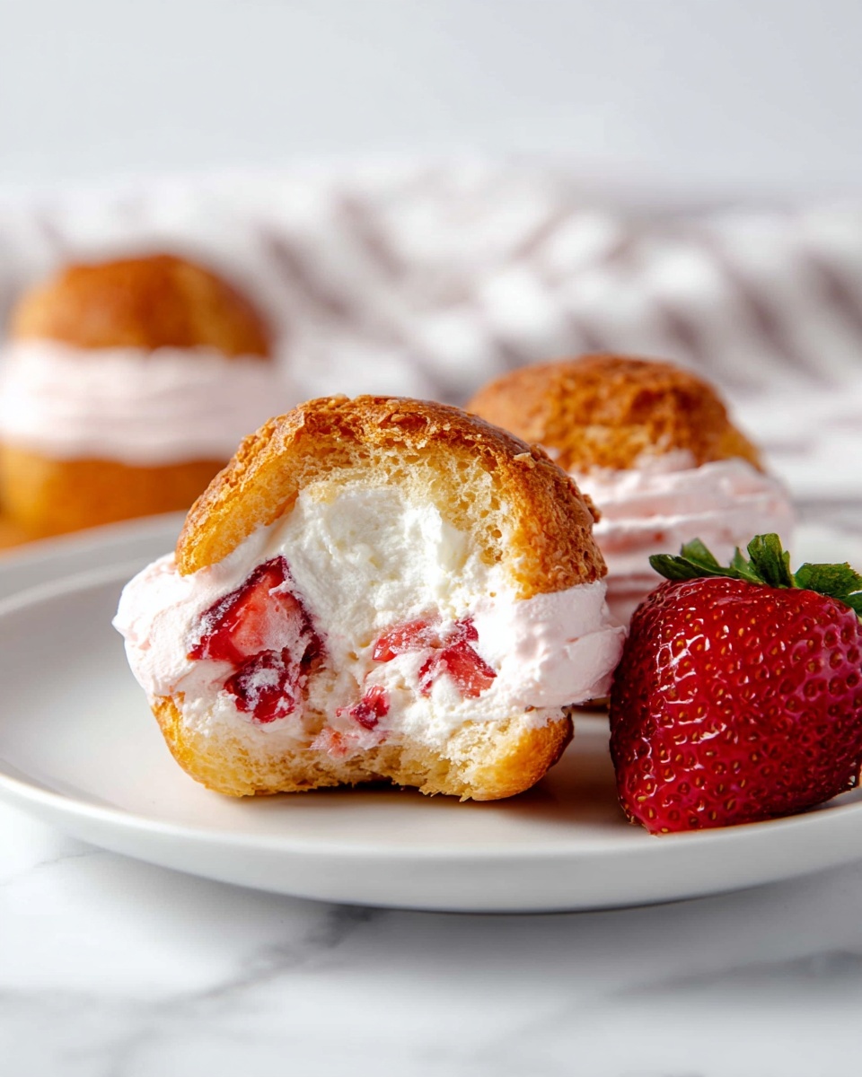The image shows two small round cream puffs on a white plate, with the closest one cut open to reveal its inside. The puff has a golden-brown crispy shell on top and bottom. Inside, there are two layers: the bottom layer is white cream mixed with small red chunks of strawberry pieces, and the top layer is light pink whipped cream. A fresh whole strawberry with green leaves is placed on the right side of the plate. The background is a white marbled texture, and there is a striped white cloth slightly blurred behind the dessert. Photo taken with an iphone --ar 4:5 --v 7