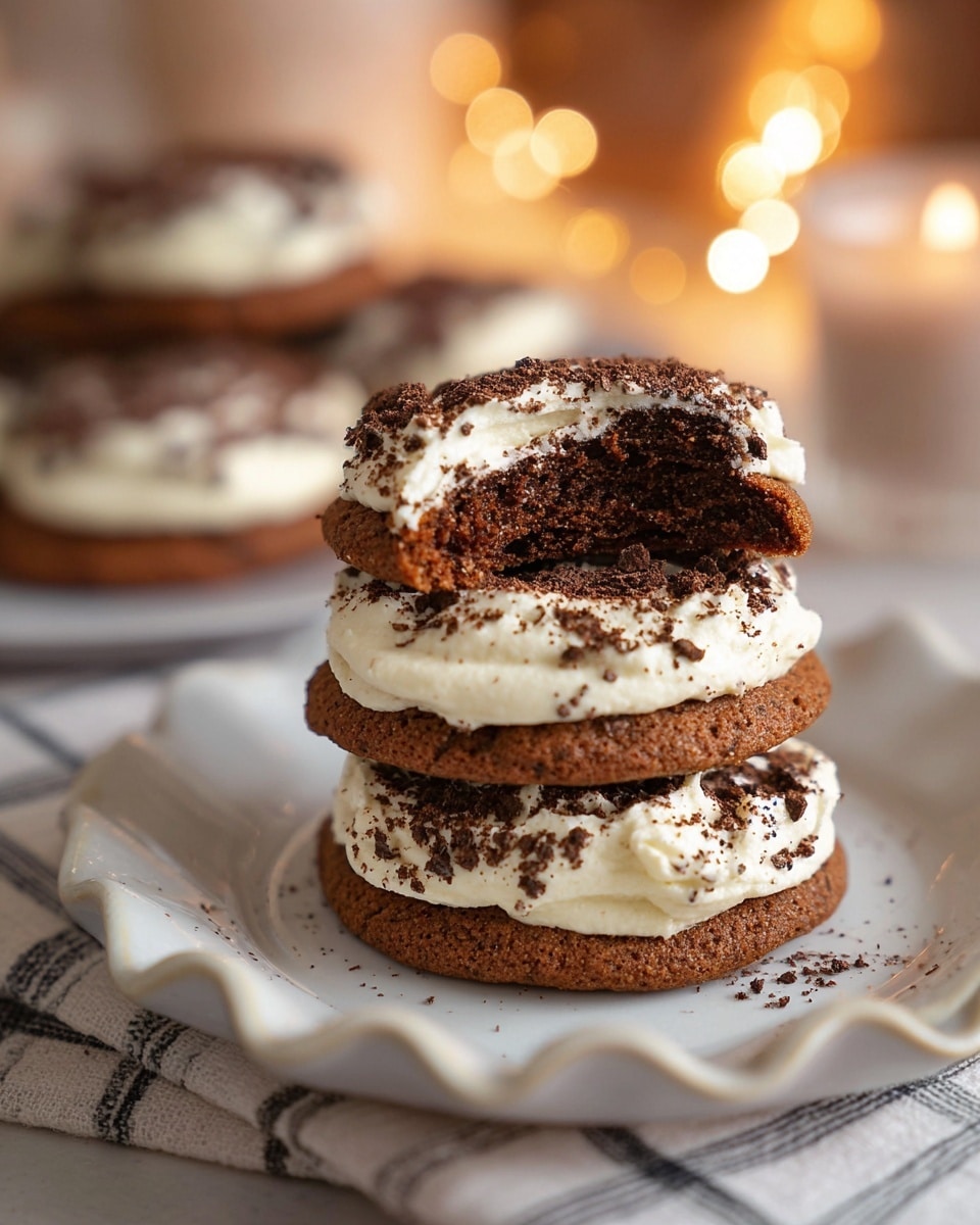 The image shows a stack of three soft, brown cookies with a layer of white cream cheese frosting in between each cookie. The top cookie is partly broken to show the inside texture, which looks moist and chewy. The white frosting is thick and swirled on top of each cookie layer, sprinkled with dark cocoa powder. The cookies are placed on a white plate with a wavy edge, set on a checkered cloth with a white marbled texture surface in the background. There are other cookies with similar frosting blurred softly in the background, with soft warm lighting and cozy candlelight reflections. Photo taken with an iphone --ar 4:5 --v 7