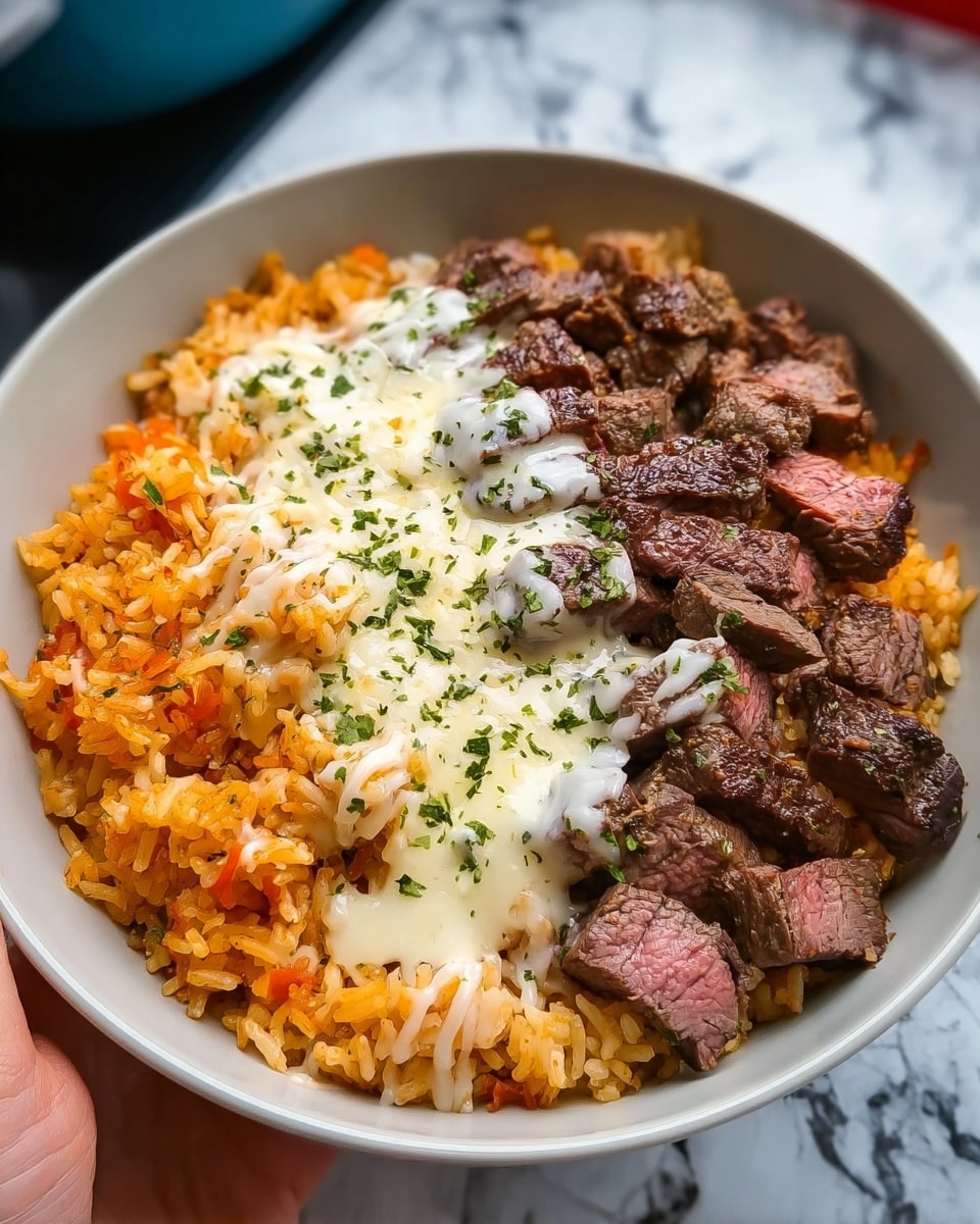 This dish shows a white bowl filled with three layers. The bottom layer is orange rice mixed with some small pieces of vegetables, covering most of the bowl. The middle layer is sliced steak pieces with a brown crust and a pink inside, spread evenly over the rice. The top layer is melted white cheese covering the steak, with some green herbs sprinkled over it for color. The bowl is set against a white marbled surface, with part of a woman's hand reaching in from the right. photo taken with an iphone --ar 4:5 --v 7