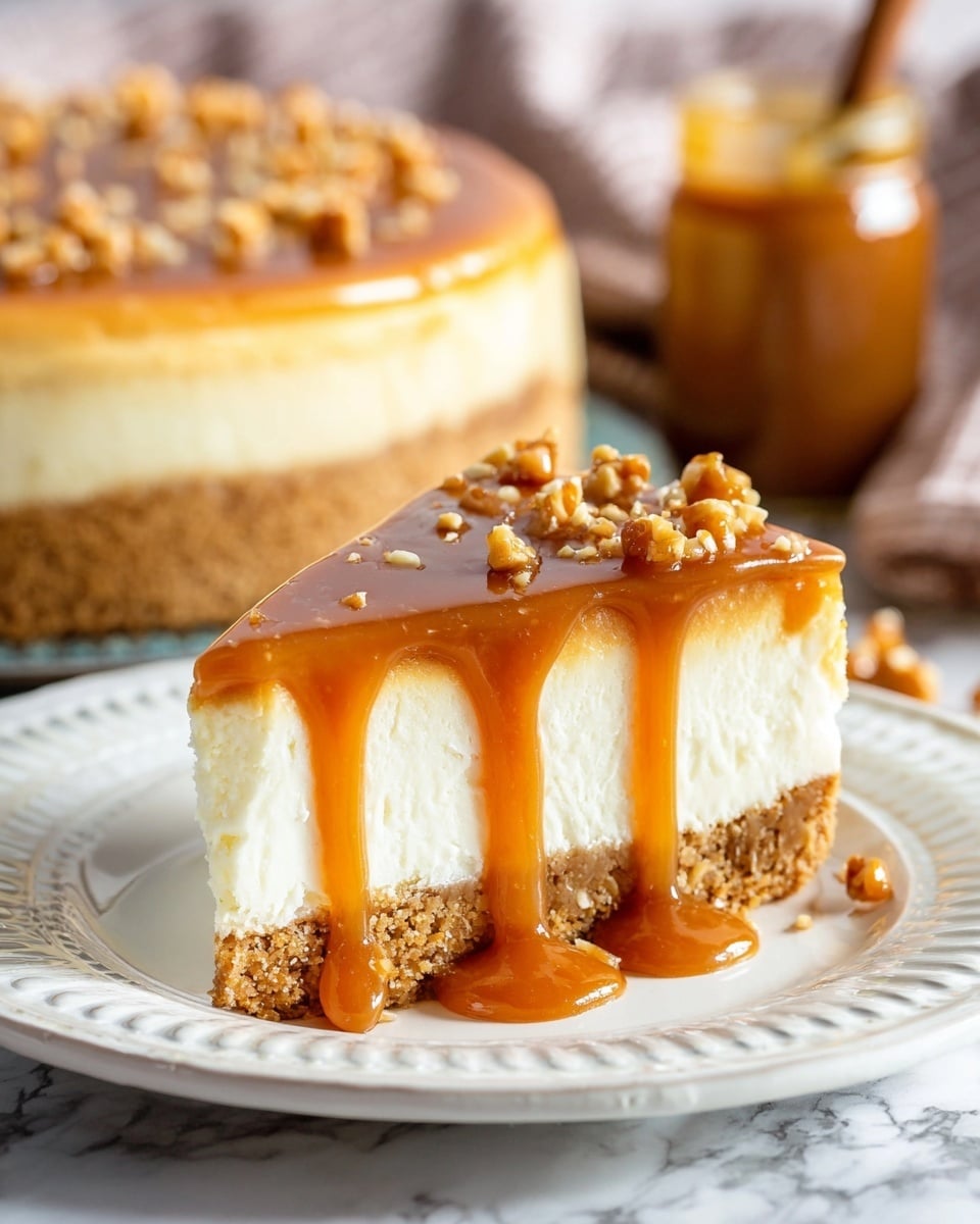 A slice of cheesecake sits on a white plate with a decorative edge, placed on a white marbled surface. The cheesecake has three layers: a crumbly, golden-brown base, a thick, creamy white middle layer, and a glossy caramel sauce dripping down the sides on top, sprinkled with small caramel nut pieces. In the background, a full cheesecake covered with the same caramel and nuts is slightly out of focus with a jar of caramel sauce nearby. Photo taken with an iphone --ar 4:5 --v 7