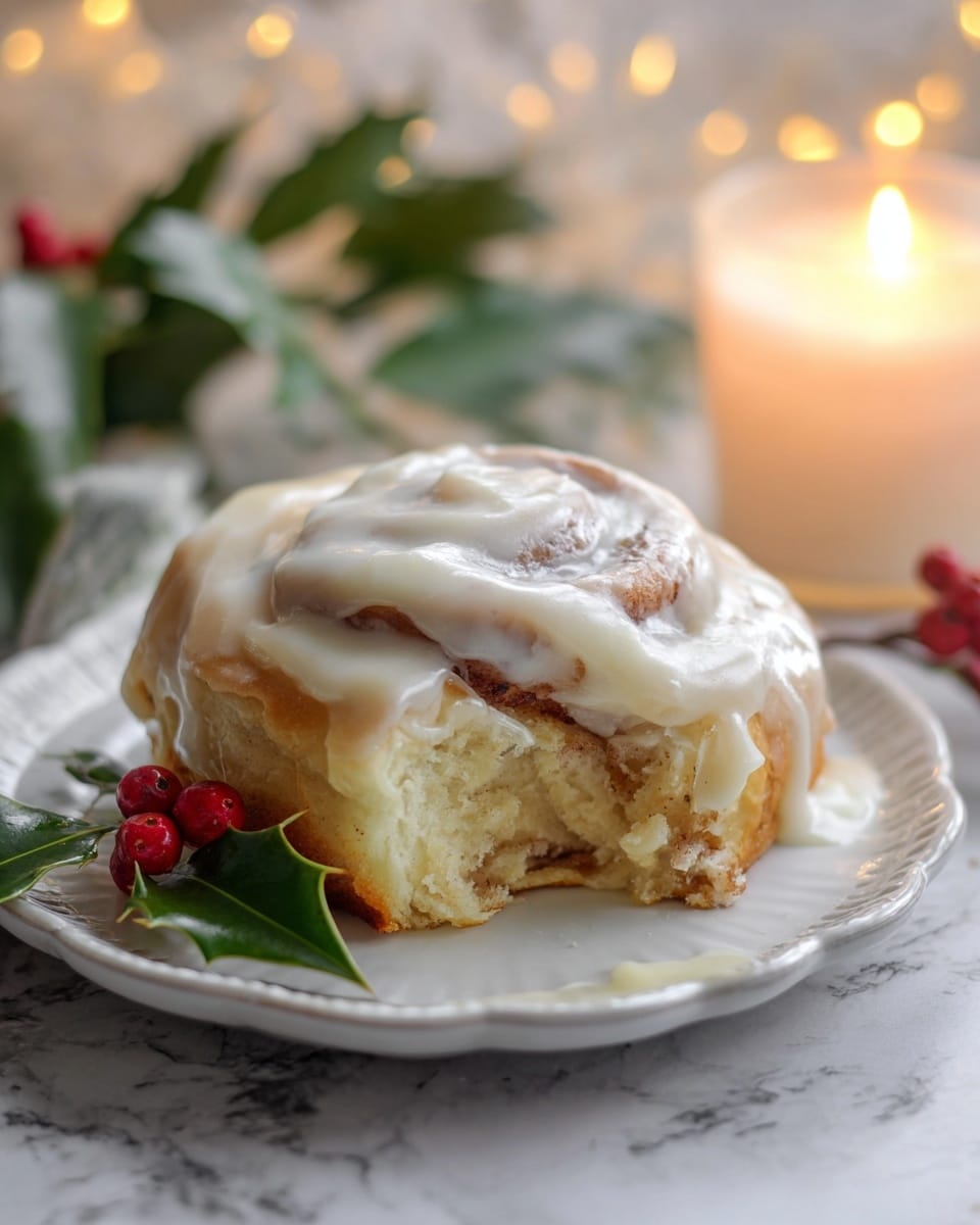 A soft cinnamon roll sits on a white scalloped plate, with one bite taken out from the side, showing its fluffy, light yellow inside swirled with darker brown cinnamon. The roll is covered thickly with creamy white icing that looks smooth and shiny, melting slightly over the edges. Near the plate, there is a small green holly leaf with bright red berries adding a festive touch. In the blurry background, a glowing white candle and some green leaves can be seen on a white marbled surface. Photo taken with an iphone --ar 4:5 --v 7