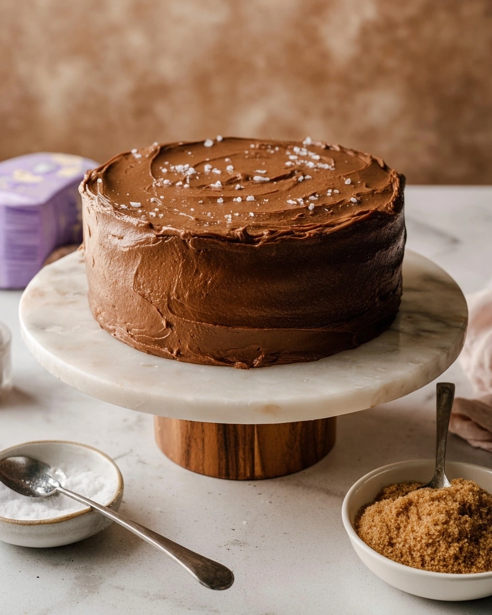 The image shows a two-layer round chocolate cake covered with smooth, rich brown chocolate frosting. The frosting has a slightly glossy finish and is spread evenly over the top and sides, with a few gentle swirls on the top surface. There are small white salt flakes sprinkled lightly over the top for decoration. The cake stands on a white marble cake stand with a wooden base, which sits on a white marbled textured surface. Nearby, there is a metal spoon with coarse salt and a white bowl filled with brown sugar. The background is softly blurred with a brown tone. Photo taken with an iphone --ar 4:5 --v 7