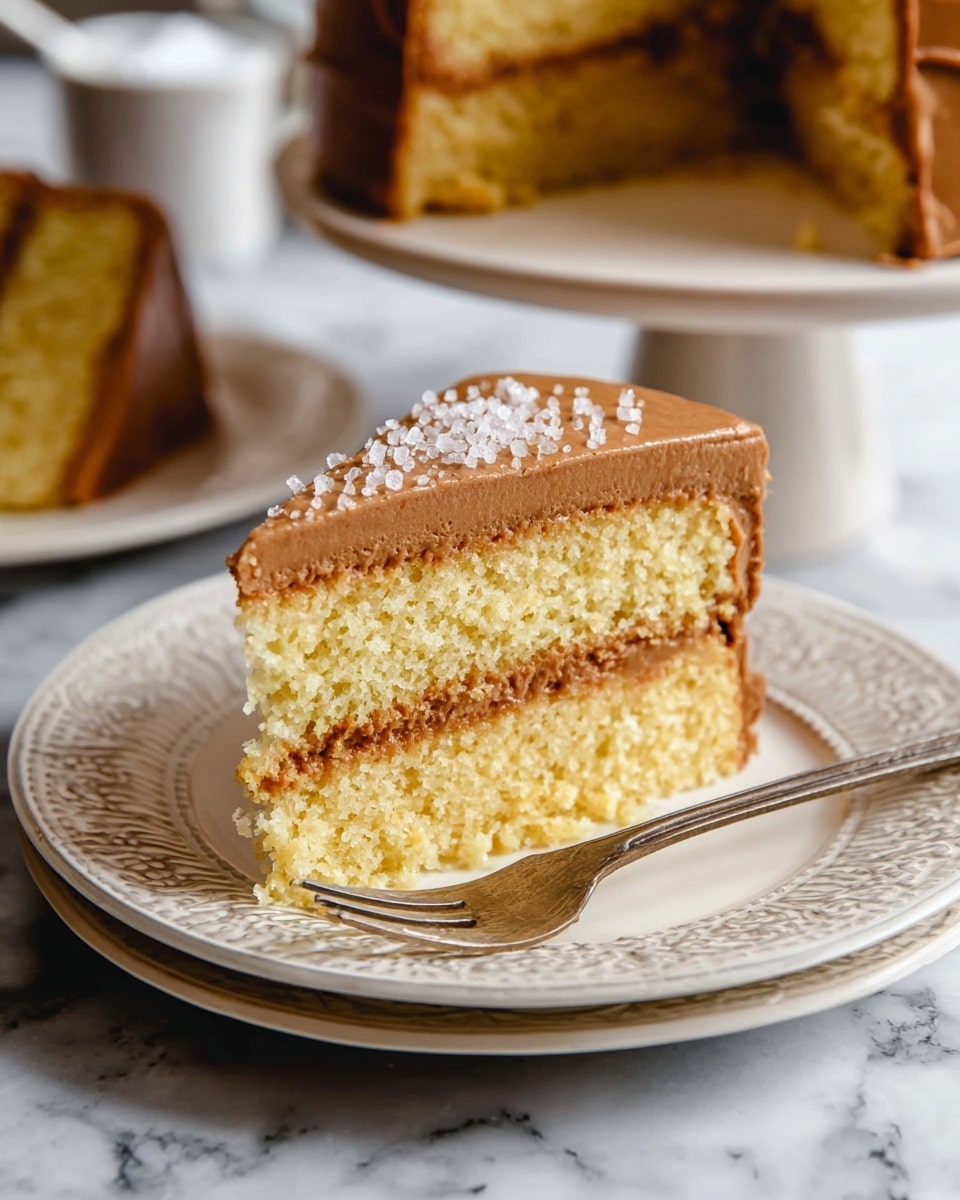 A slice of two-layer yellow cake is placed on a white plate with a decorative pattern, which sits on top of another plain white plate. The cake has light yellow sponge layers separated by a thick layer of smooth brown frosting, with the same frosting covering the top. The top frosting is sprinkled with small white sugar crystals. A metallic fork is inserted into the front of the cake slice. In the background, more cake slices and a cake stand with the remaining cake are visible, all set on a white marbled surface. Photo taken with an iphone --ar 4:5 --v 7