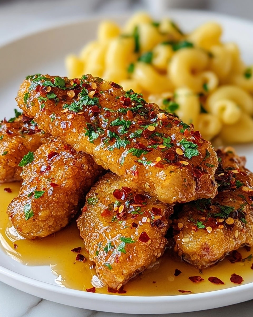 A white round plate holds two main parts: on the left side, six pieces of golden-brown fried chicken wings coated with a glossy honey glaze, each wing sprinkled with white sesame seeds and small green herb pieces; on the right side, a heap of creamy macaroni and cheese with smooth, shiny, pale orange cheese sauce covering the curved pasta, topped with finely chopped green herbs. The plate is set on a white marbled surface. photo taken with an iphone --ar 4:5 --v 7