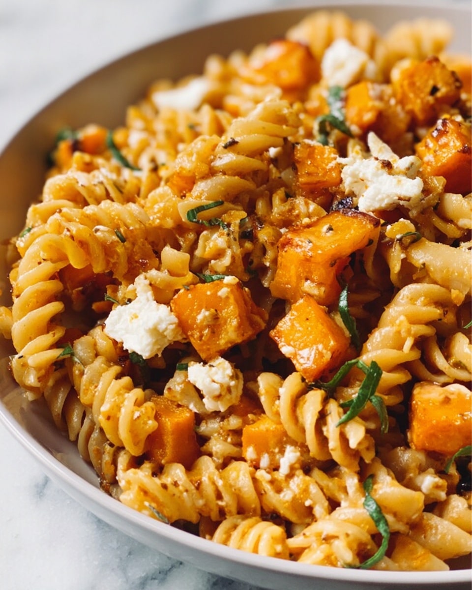 The image shows a close-up of a bowl filled with tan spiral pasta mixed with medium orange cubes that look like cooked pumpkin or squash. Scattered on top are small chunks of soft white cheese with slightly browned edges. Thin, irregular green leaves are sprinkled throughout the dish, adding a fresh touch. The pasta and other ingredients have a moist and slightly creamy texture. The bowl is white and placed on a white marbled surface. Photo taken with an iphone --ar 4:5 --v 7