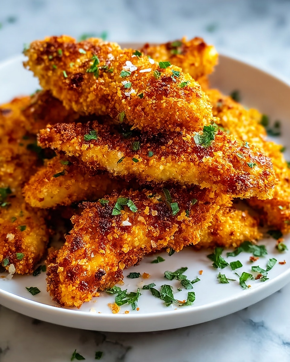 The image shows several pieces of golden fried food with a crispy, textured coating that is deeply browned in some spots, suggesting a crunchy surface. The pieces are placed closely together on a white plate, and small flakes of coarse salt are sprinkled on top, along with bright green chopped herbs scattered over the food and around the plate edges. The background has a white marbled texture, adding a clean look to the scene. photo taken with an iphone --ar 4:5 --v 7
