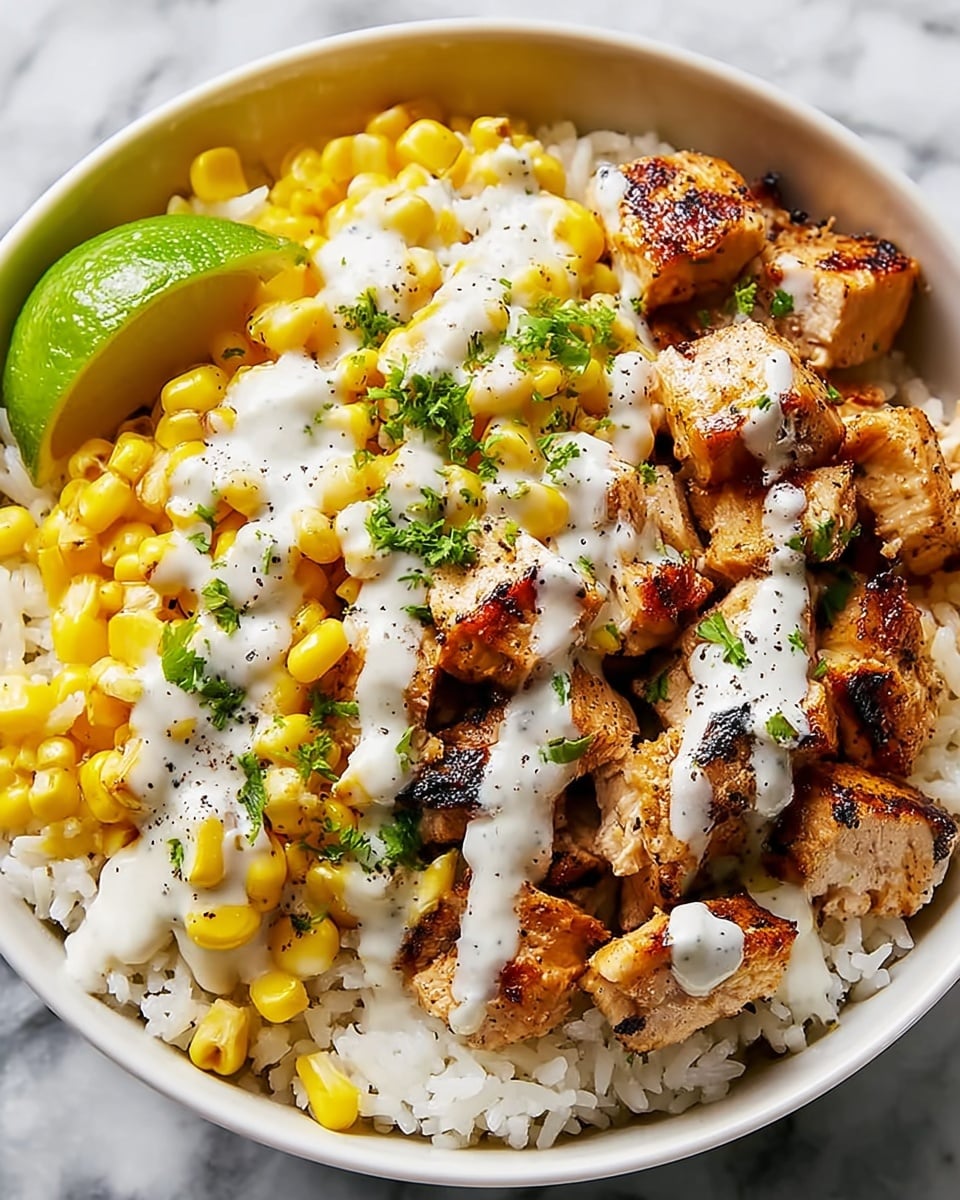 The dish is served in a white speckled bowl filled with three main layers. On the left side, there is a layer of fluffy white rice mixed with small green herb leaves. Next to it, bright yellow corn kernels cover the middle part of the bowl, sprinkled with chopped green herbs. On the right side sits a layer of grilled, charred cubes of meat with a golden brown and blackened texture, drizzled with a creamy white sauce. Scattered on top are small green avocado chunks and more herbs, with two slices of lime tucked into the edge of the bowl. The bowl is placed on a white marbled surface. Photo taken with an iphone --ar 4:5 --v 7