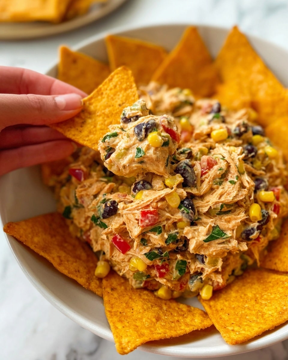 A large white bowl filled with a creamy, mixed dish showing about three main layers: a thick base of shredded light orange chicken mixed with creamy sauce, scattered throughout with black beans, bright yellow corn kernels, and small chopped red bell peppers, all mixed with bits of green herbs and tiny pieces of red onion, giving it a colorful and textured look. A wooden spoon with a smooth, dark brown finish rests inside the bowl, partially submerged in the mixture. The bowl is set on a white marbled surface, enhancing the vibrant colors of the food. photo taken with an iphone --ar 4:5 --v 7