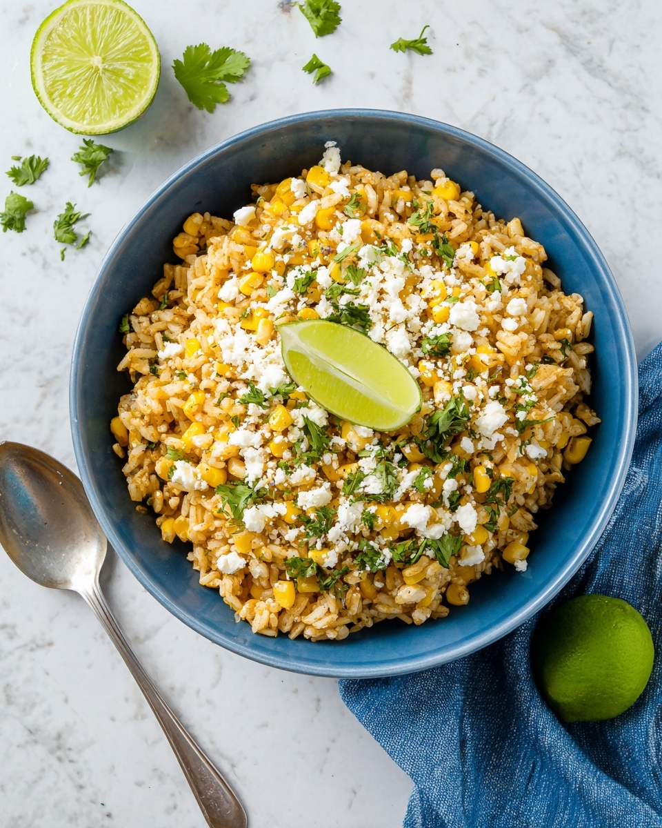 A blue bowl filled with a single layer of golden-brown rice mixed with yellow corn and small green pieces, topped with a layer of white crumbly cheese and fresh chopped green herbs scattered on top. There is a bright green lime wedge placed on the center for garnish. The bowl sits on a white marbled surface. To the left is a silver spoon, and at the bottom right is a half lime and a blue cloth near the edge. Photo taken with an iphone --ar 4:5 --v 7