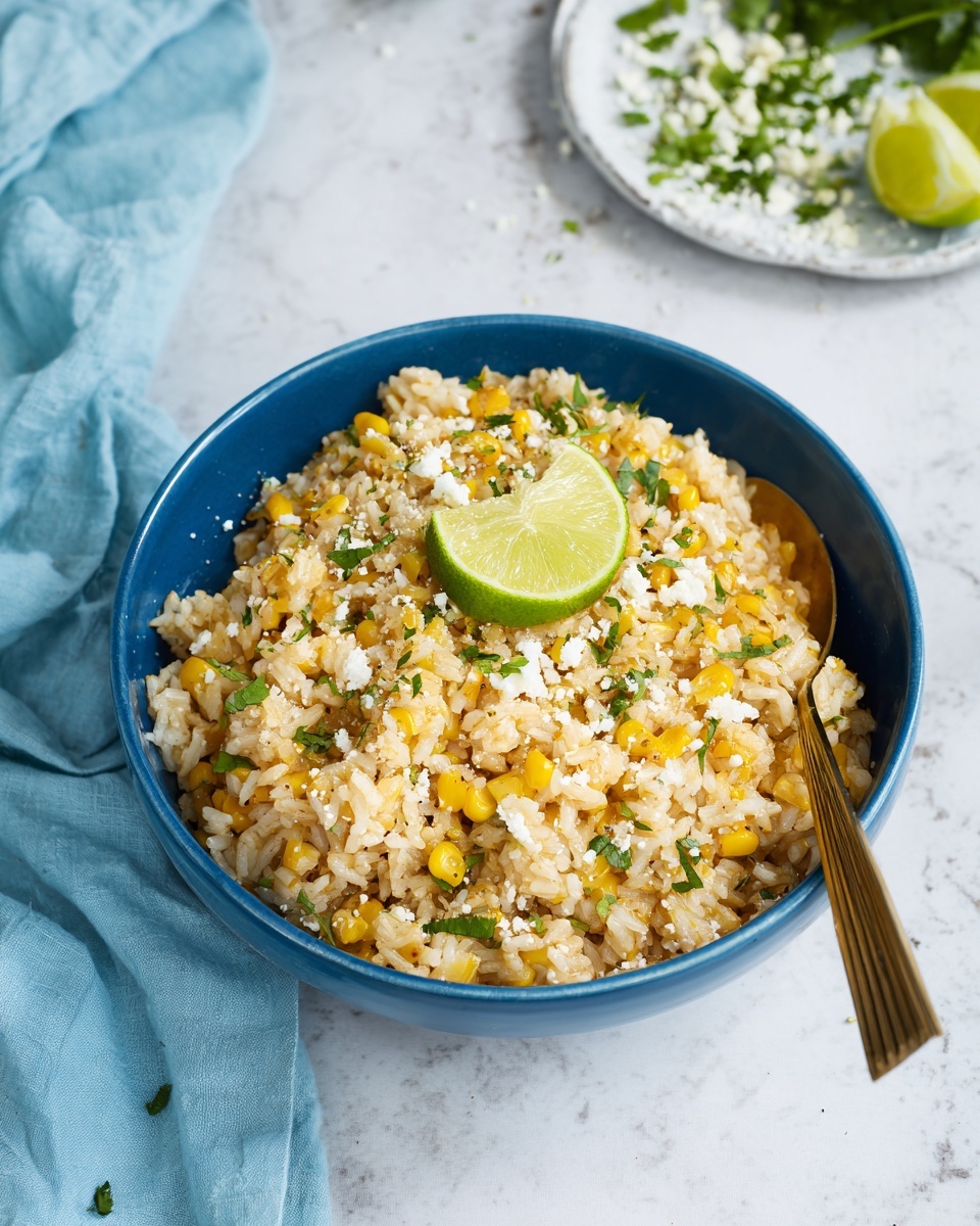 A blue bowl filled with creamy rice mixed with bright yellow corn kernels and small bits of green herbs. The rice looks soft and sticky, with crumbled white cheese sprinkled on top. A wedge of fresh lime is placed in the center, adding a pop of green color. A spoon with a brass handle is inserted into the bowl on the right side. In the blurry background, there is a white plate with green herbs and crumbled cheese, and a folded blue cloth is casually draped. The whole scene is set on a white marbled surface. photo taken with an iphone --ar 4:5 --v 7