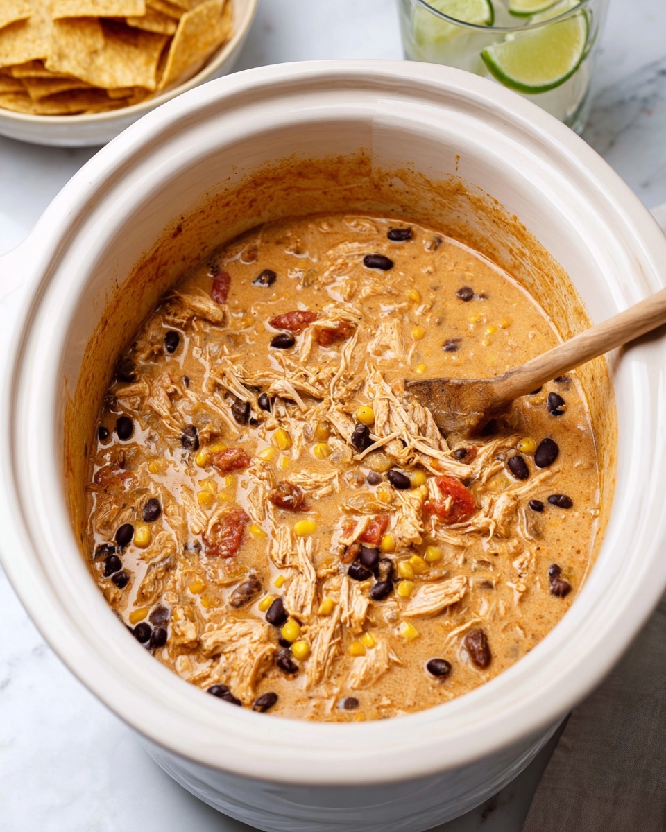 A white slow cooker filled with thick creamy stew that has shredded light brown chicken, black beans, yellow corn, and diced tomatoes mixed evenly throughout the pale orange sauce. A light wooden spoon is resting inside the cooker on the right, partially coated with the stew. In the background, there is a white bowl full of light brown tortilla strips and a glass with lime wedges beside it, all placed on a white marbled surface. photo taken with an iphone --ar 4:5 --v 7